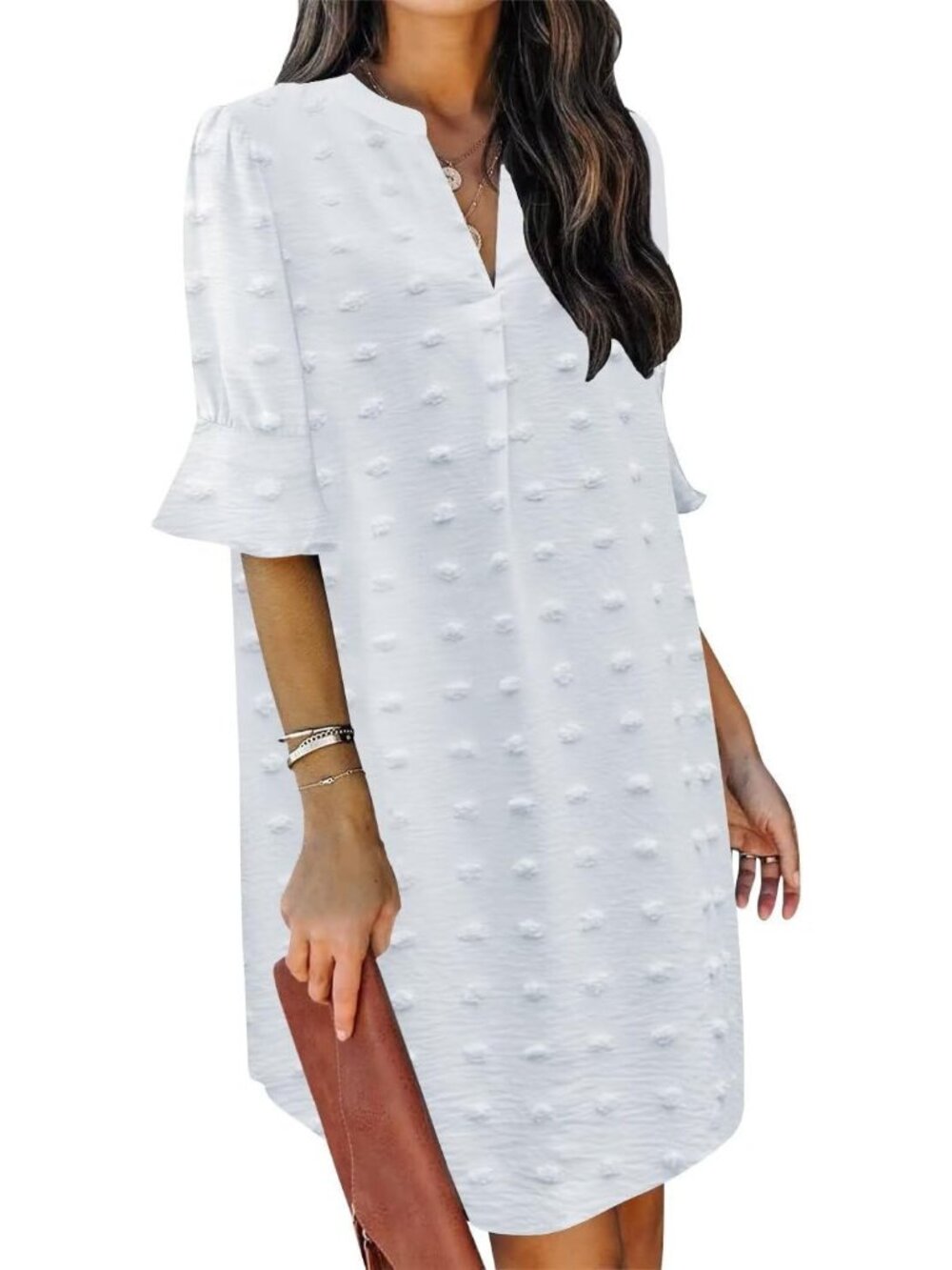 Women's White Dresses V Neck Short Sleeve Pull On Solid Casual Shift Mini Dress
